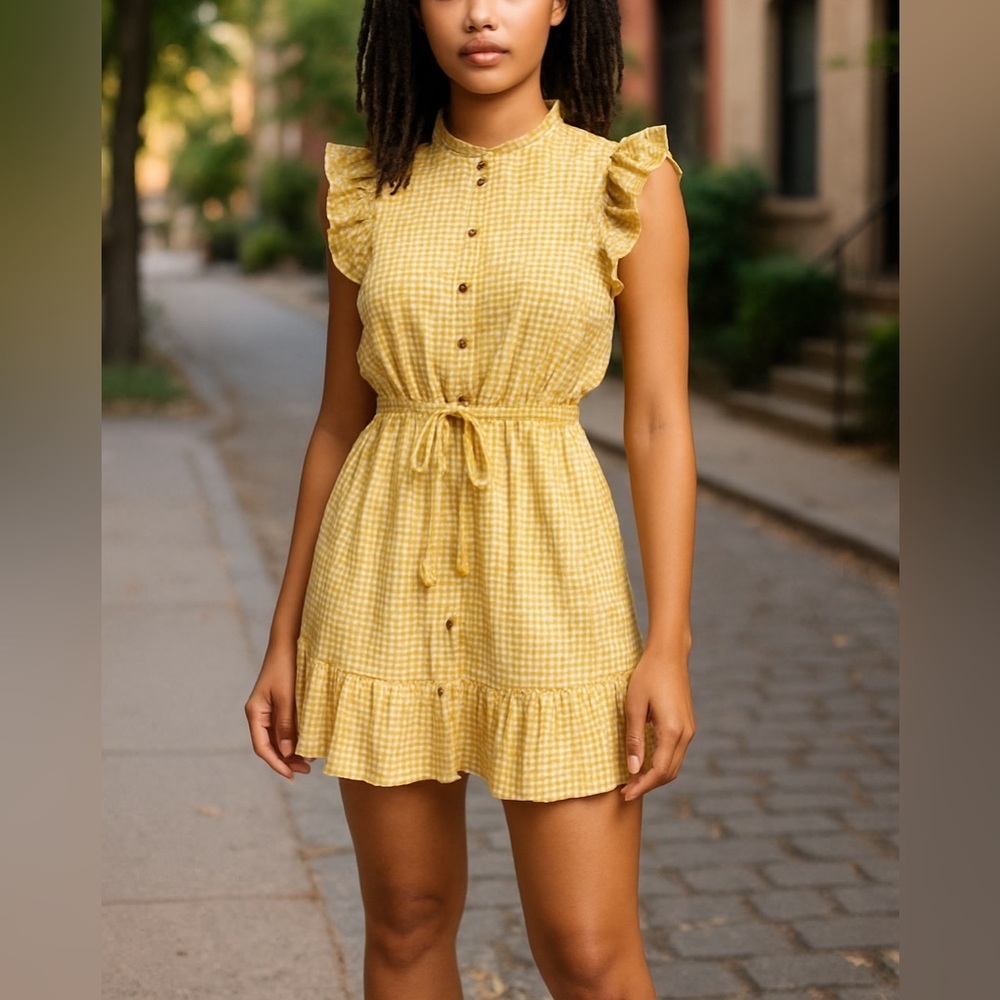Storia Gingham Yellow Prairie Dress eyelet ruffle - Picture 1 of 9